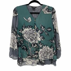 Citron Santa Monica Blouse Womens Medium Green Gray Silk Floral V-Neck Button Up